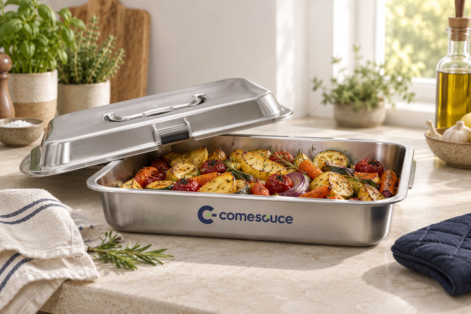 comesouce branded metal cookware with a lid