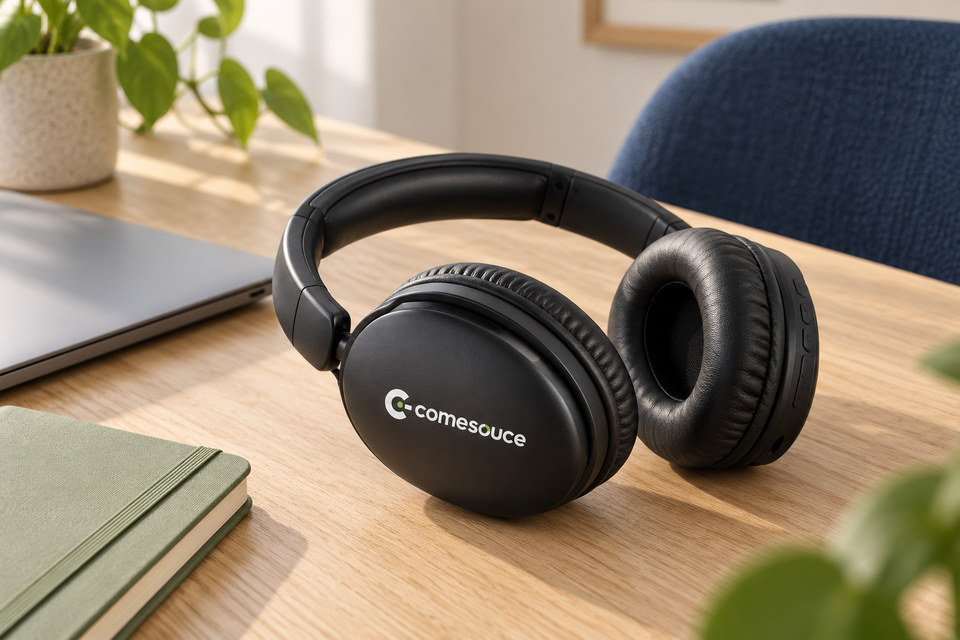 comesouce branded wireless over-ear headphones