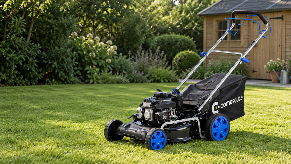 Illustrative comesouce branded petrol lawnmower in a garden