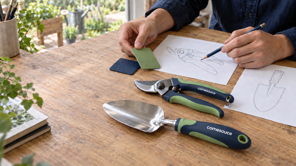 Illustrative garden-product design with pruning shear and trowel samples, sketches and handle materials